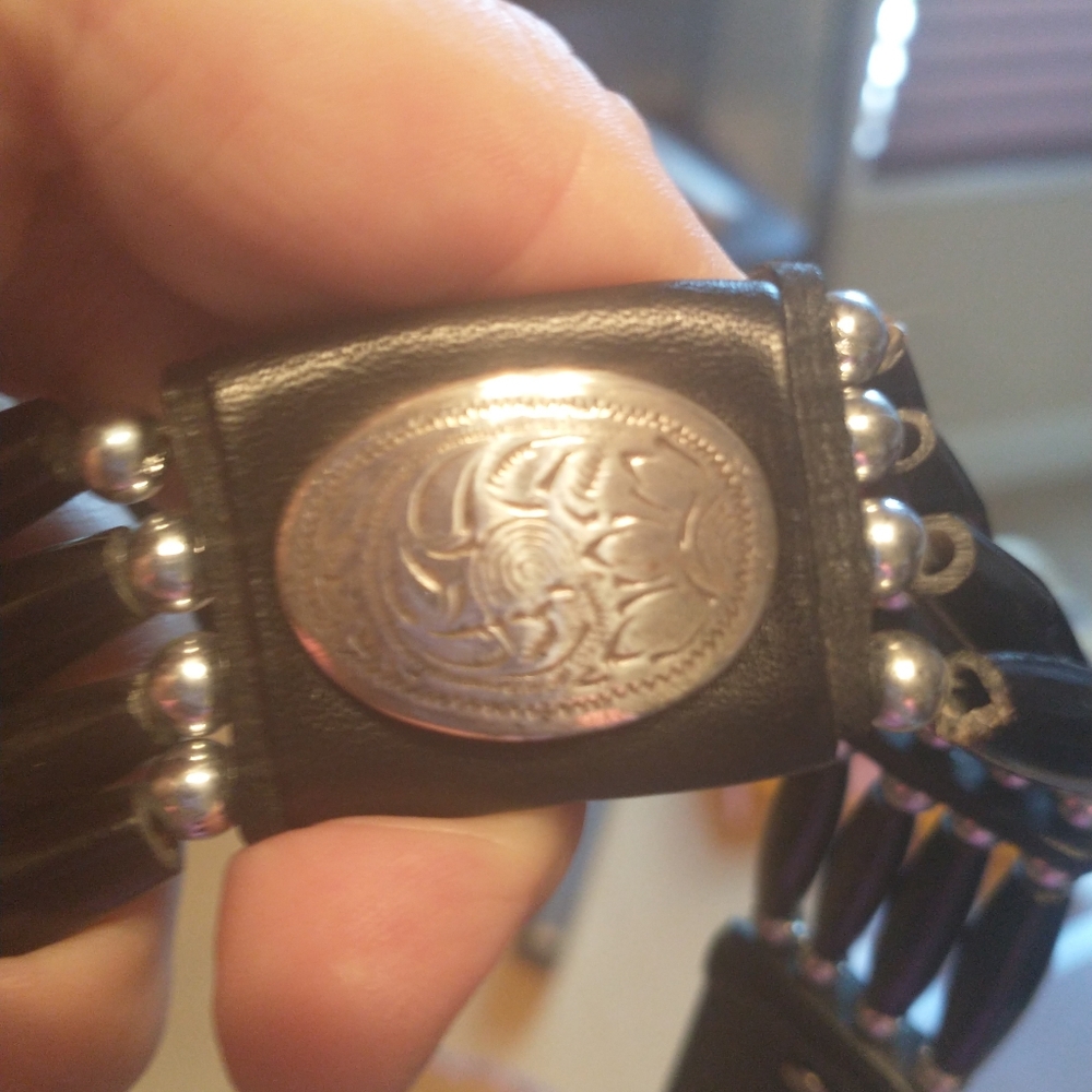 Vintage Black Leather Motorcycle Belt with Silver And Beaded Accents - 28 Inch - Picture 9 of 13